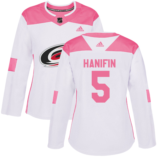 Adidas Hurricanes #5 Noah Hanifin White/Pink Authentic Fashion Women's Stitched NHL Jersey - Click Image to Close